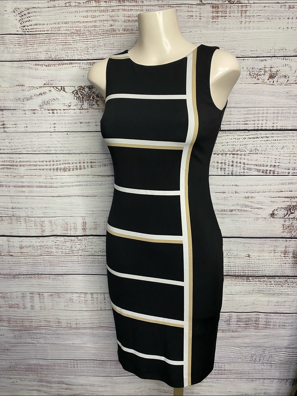 Joseph Ribkoff Black Midi Dress with White and tan Stripes - Picture 2 of 6